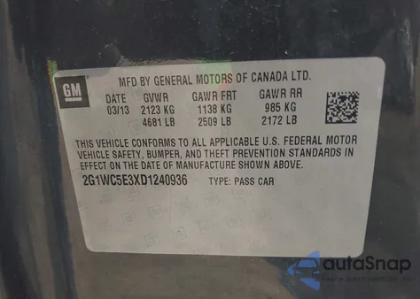 2013 Chevrolet Impala Ltz из США, поврежденный, VIN 2G1WC5E3XD1240936